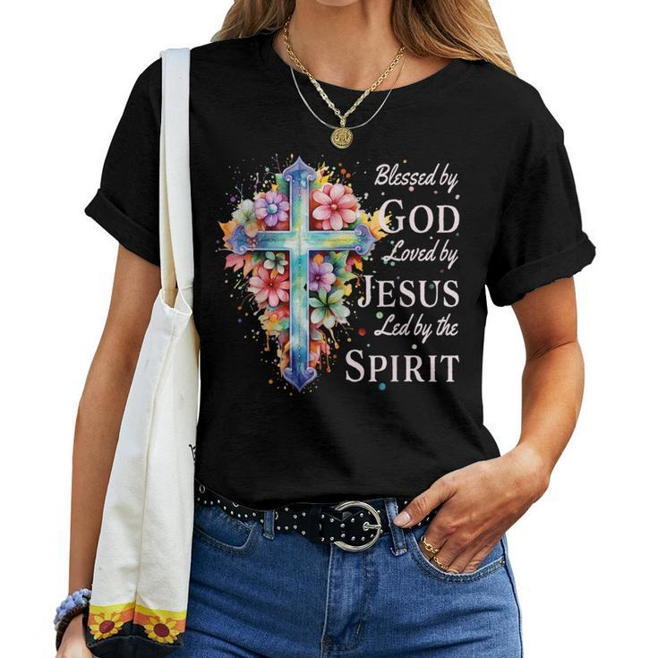 Blessed By God Loved By Jesus Floral Cross Christian Women T-shirt