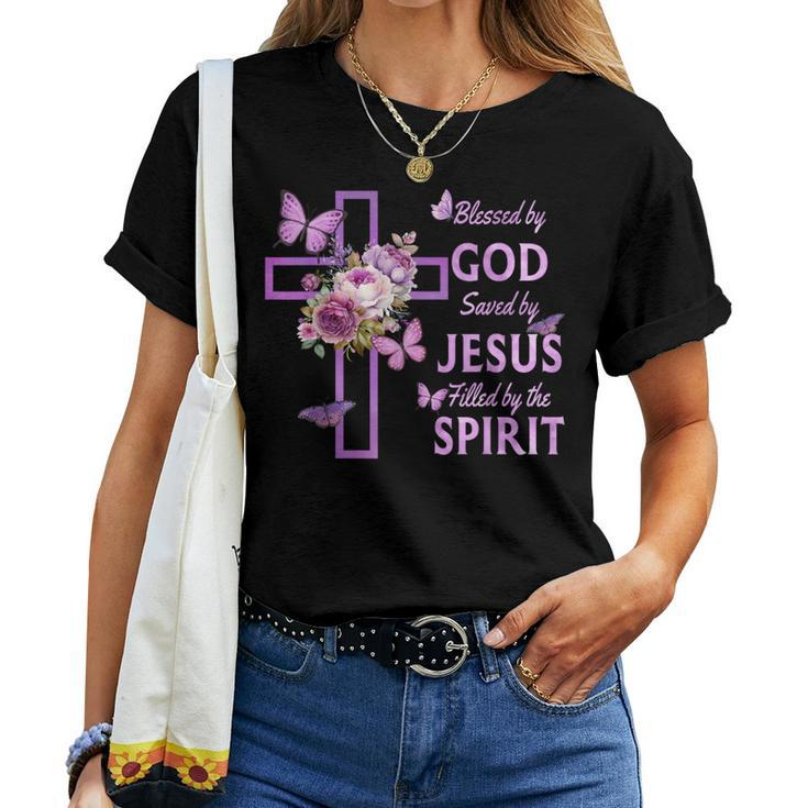 Blessed By God Saved By Jesus Purple Floral Cross Christian Women T-shirt