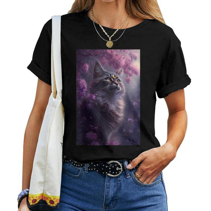 Boho Black Cat Retro Witchy Crescent Moon Purple Lavender Women T-shirt