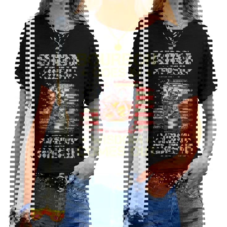 Bourbon Goes In Wisdom Comes Out Whiskey Usa Flag Vintage Women T-shirt