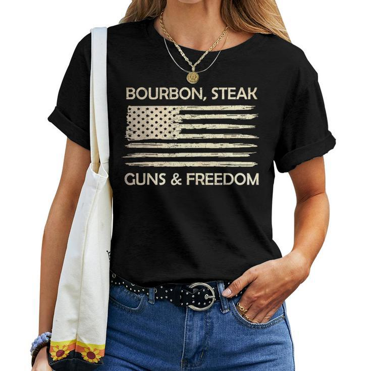 Bourbon Steak Guns & Freedom Usa American Flag Whiskey Women T-shirt