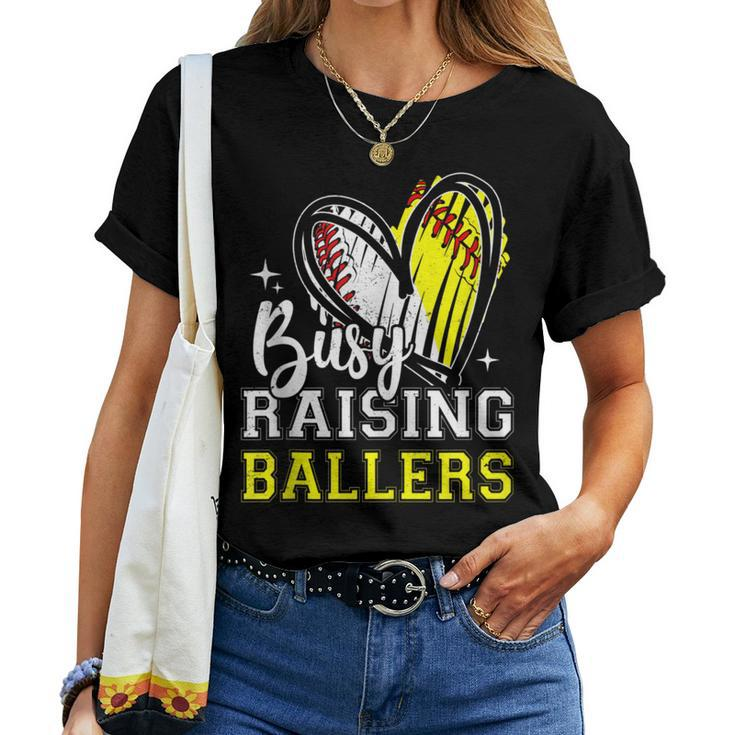 Busy Raising Ballers Heart Softball Baseball Mom Women T-shirt