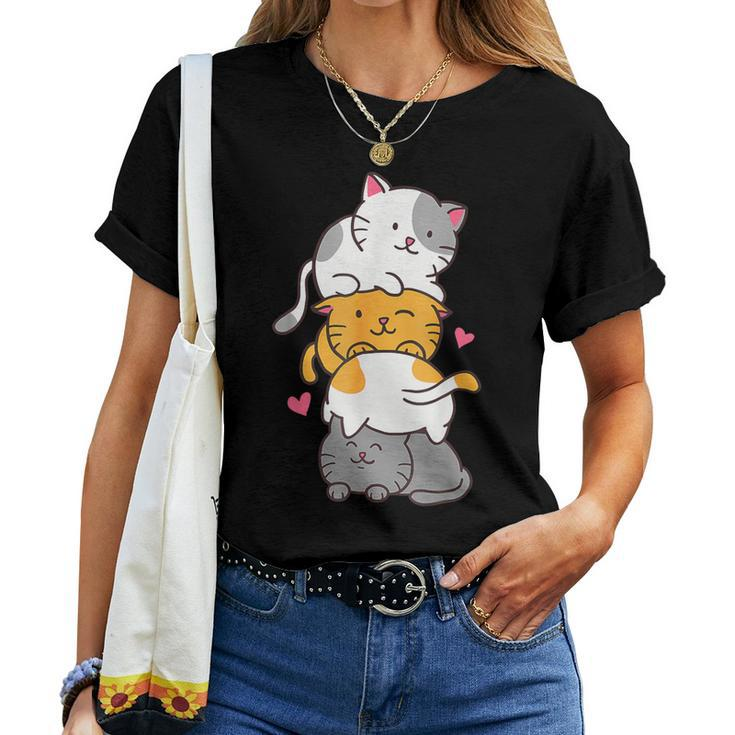 Cat Cute Kitty Pile Cats Anime Kawaii Neko Girls Women T-shirt