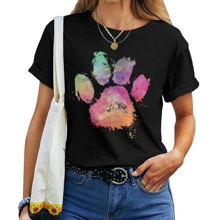 Cat Dog Paw Print Watercolor Rainbow Abstract Animal Lover Women T-shirt