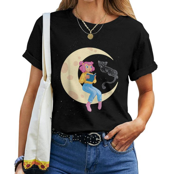 Celestial Cat And Girl Reading Book Read Moon Women T-shirt