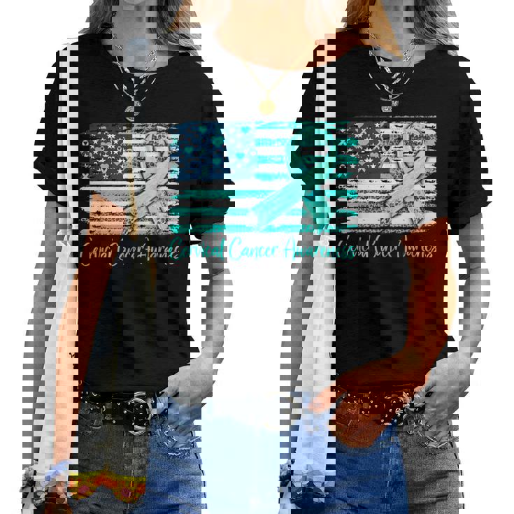 Ovarian Awareness T-Shirt American Flag Teal Ribbon Top Tee Ovarian Awareness T-Shirt American Flag Teal Ribbon Top Tee