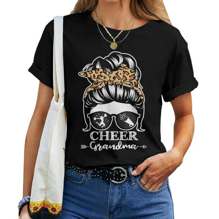 Cheer Grandma Messy Bun Hair Cheerleader Leopard Women T-shirt