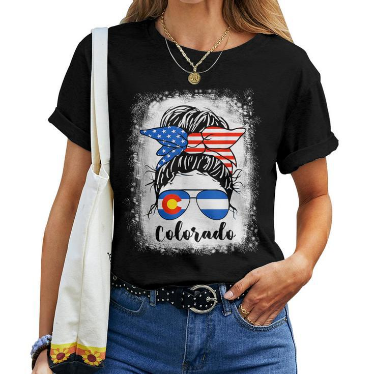 Colorado State Flag Sunglasses Mom Messy Bun Hair Girl Women T-shirt