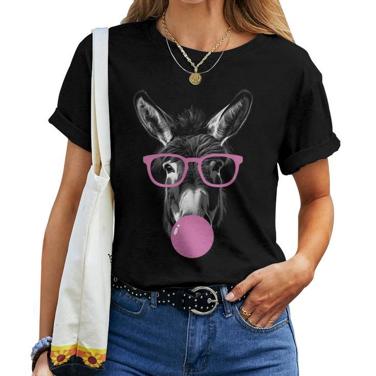 Cool Donkey Face Eating Gum And Makes A Bubble Cute Donkey Women T-shirt