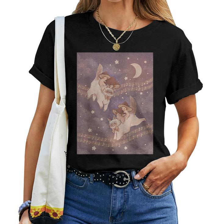 Cute Cat Purple Witchy Mushroom Pink Kawaii Crescent Moon Women T-shirt