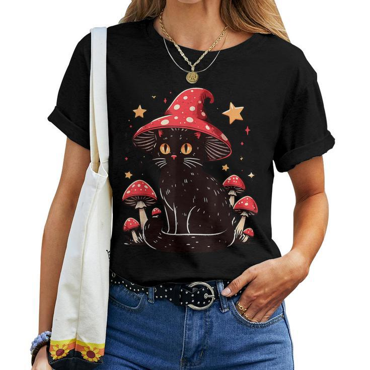 Cute Cottagcore Cat Mushroom Hat Kawaii Vintage Aesthetic Women T-shirt