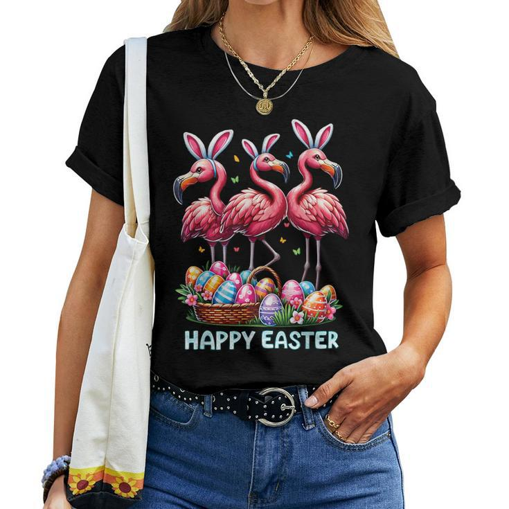 Cute Flamingo With Easter Bunny Egg Basket Happy Easter Women T-shirt