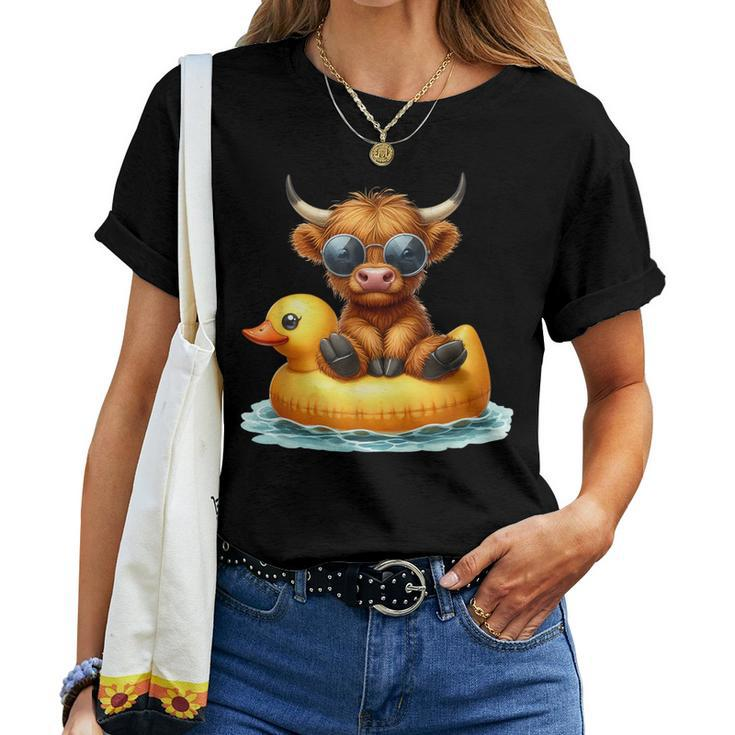 Cute Highland Cow Duck Pool Float Summer Vibes Swimming Women T-shirt