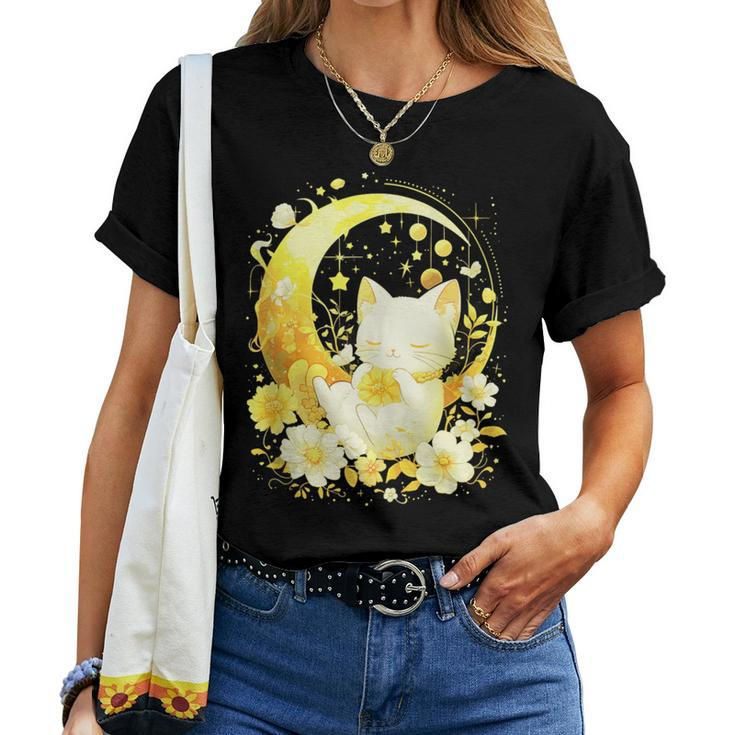 Cute Kawaii Anime Cat Moon Phases Flower Celestial Cat Women T-shirt