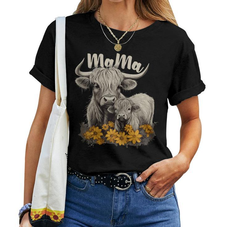 Cute Mama Highland Cow With Baby Calf Flower Cool Animal Women T-shirt
