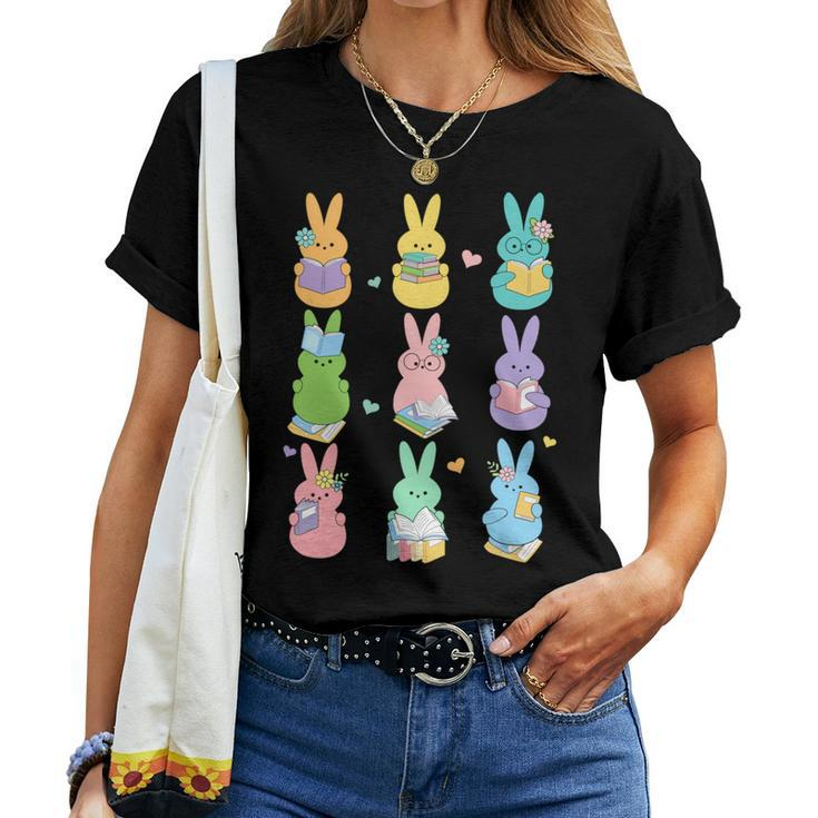 Cute Teacher Bunny Reading Book Outfit Happy Easter Teacher Women T-shirt