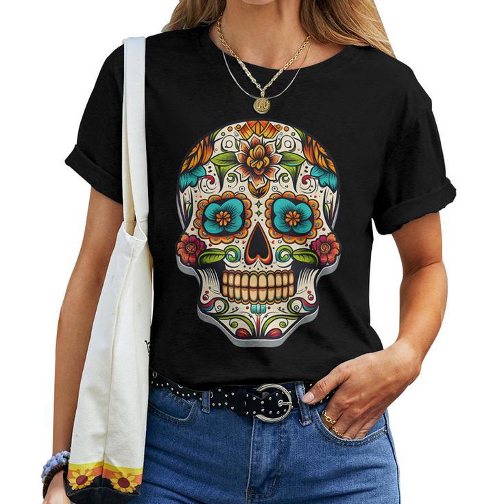 Day Of Dead Sugar Skull Floral Skeleton Head Bone Skull Women T-shirt