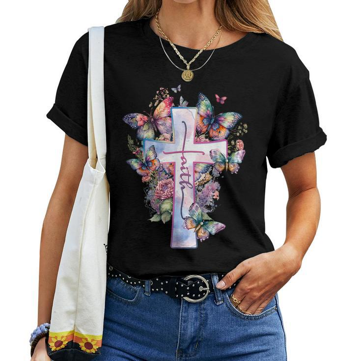 Faith-Cross Floral Butterflies Christ Flowers Religious Women T-shirt
