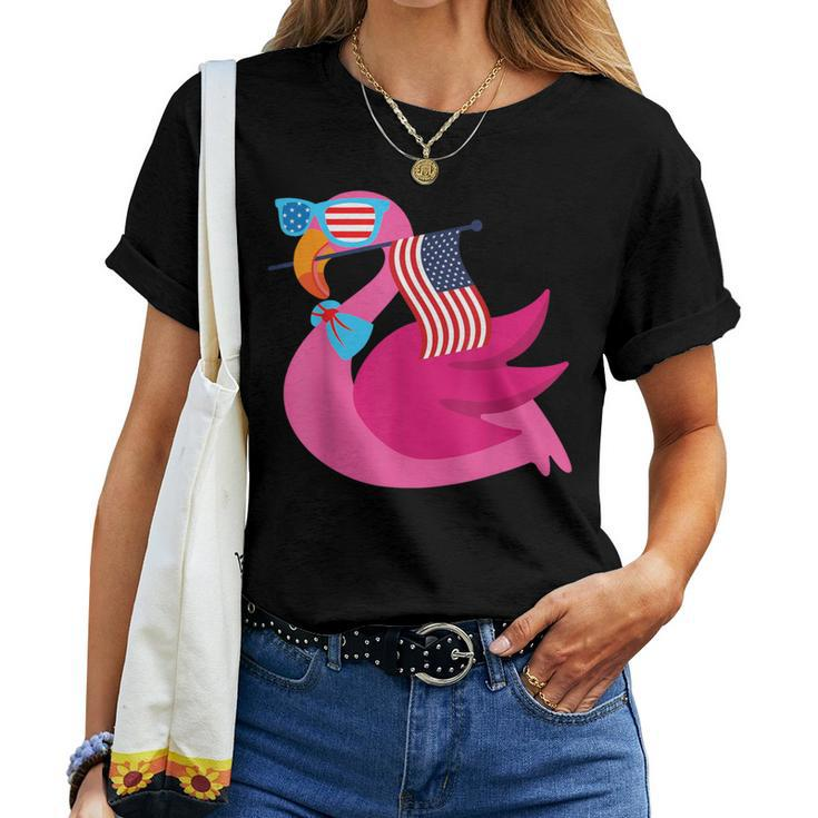 Flamingo Sunglasses Usa American Flag Cute 4Th Of July Women T-shirt