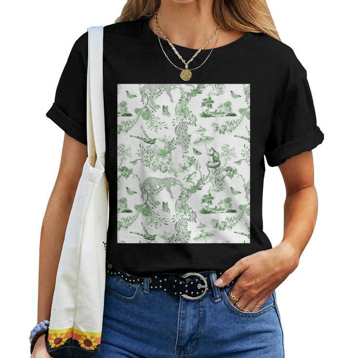 French Green Toile Chinoiserie With Flowers Leopards Women T-shirt