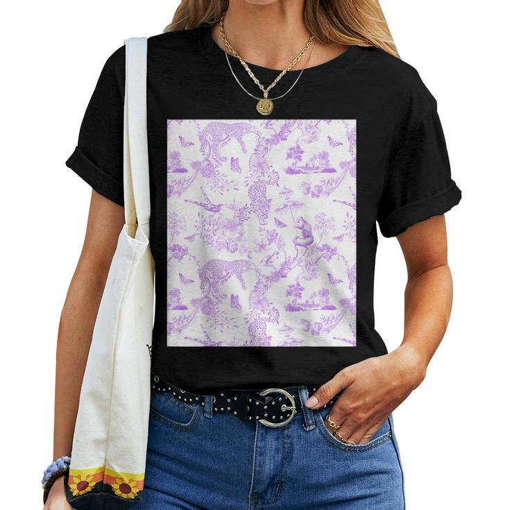 French Mauve Toile Chinoiserie With Flowers Leopards Women T-shirt