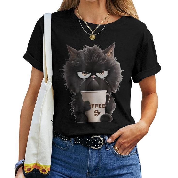 Angry Black Cat Drinking Coffee Loves Coffee Pet Women T-shirt