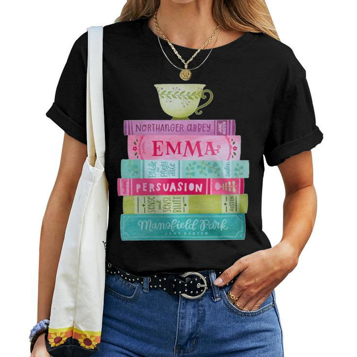 Jane Austen Book Stack Tea Fans Vintage Literary Women T-shirt