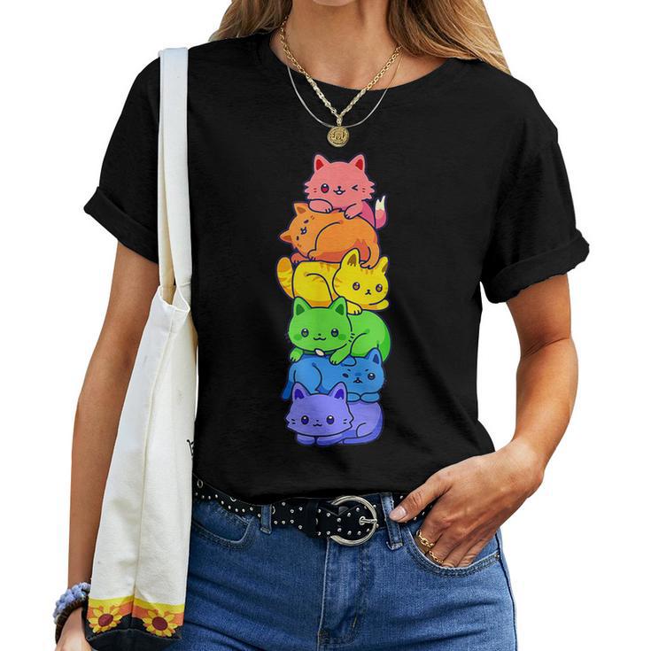 Lgbt Cat Stack Rainbow Gay Pride Anime For Cat Lover Women T-shirt