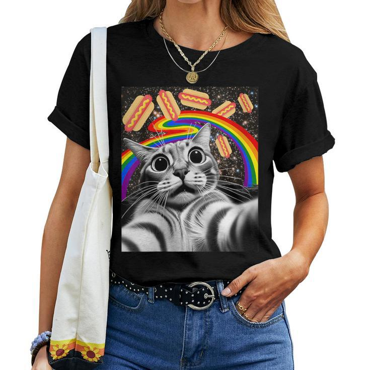Graphic Rainbow Hotdog Ufos Cosmic Space Selfie Cat Women T-shirt
