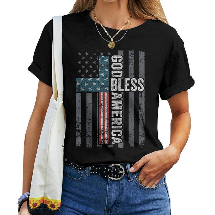 God Bless America Patriotic Christian Cross Usa Flag Women T-shirt