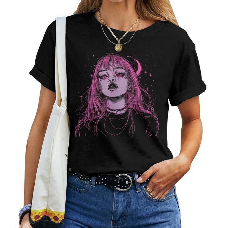 Goth Grunge Demon Anime Girl Waifu Horror Alt Pink Aesthetic Women T-shirt