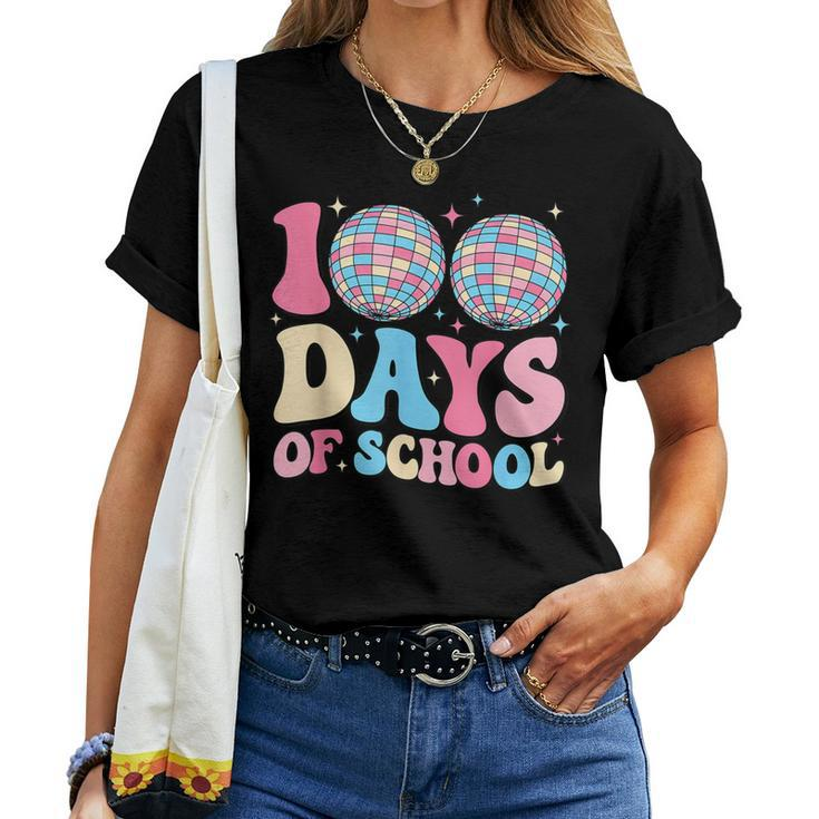 Happy 100Th Day Of School Teacher Groovy Disco Ball 100 Days Women T-shirt