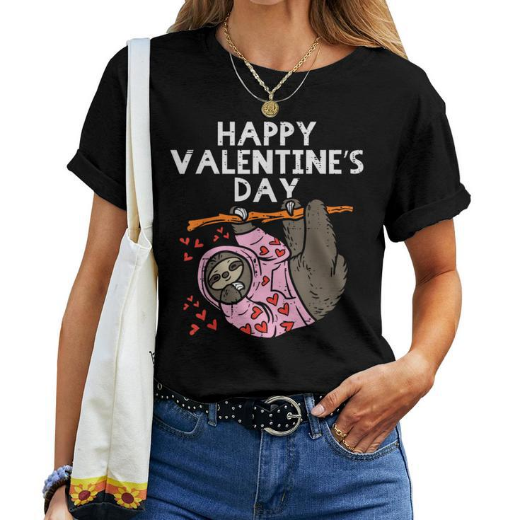 Happy Valentines Day Sloth Hearts Cute Lazy Animal Lover Women T-shirt