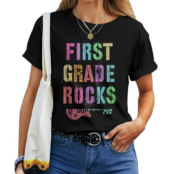 Hello 1St Grade Rocks Teacher Team First Gr Vibes Rockstar Women T-shirt