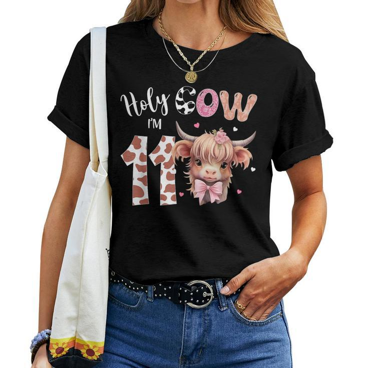 Holy Cow I'm 11 Highland Cow Print 11Th Birthday Girl Women T-shirt