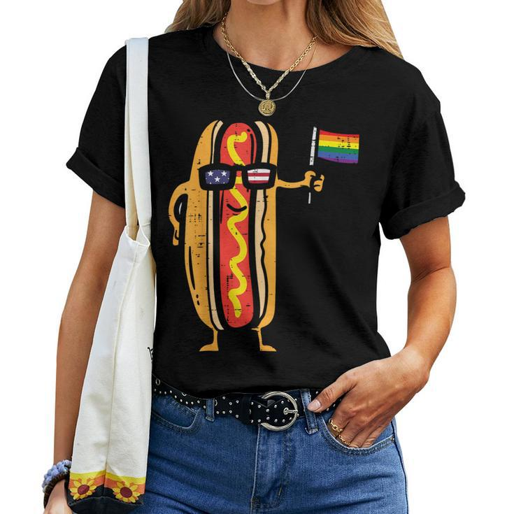 Hotdog Us Flag Sunglasses Rainbow Flag Gay Pride Lgbtq Food Women T-shirt