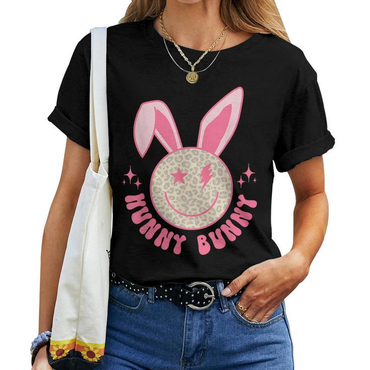 Hunny Bunny Retro Groovy Easter Leopard Smile Face Rabbit Women T-shirt