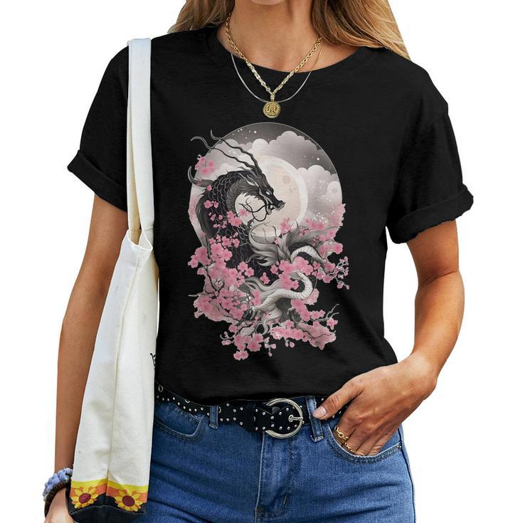 Japanese Dragon & Cherry Blossom & Full Moon Asian Women T-shirt