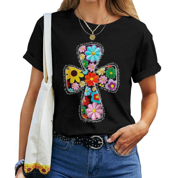 Jesus Christian Cross Flower Happy Easter Retro Women T-shirt