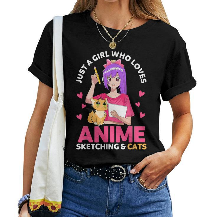 Just A Girl Who Loves Anime Sketching And Cats Kawaii Anime Women T-shirt