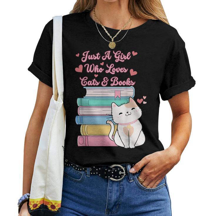 Just A Girl Who Loves Cats And Books Bookworm Cute Kitten Women T-shirt