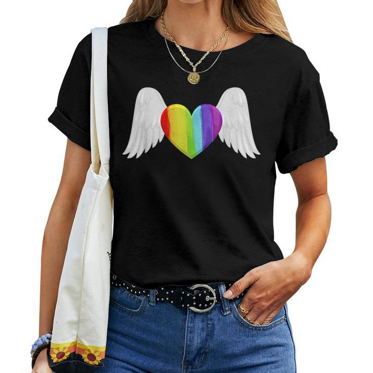 Lgbt Rainbow Heart With Angel Wings Lesbian Gay Pride Women T-shirt