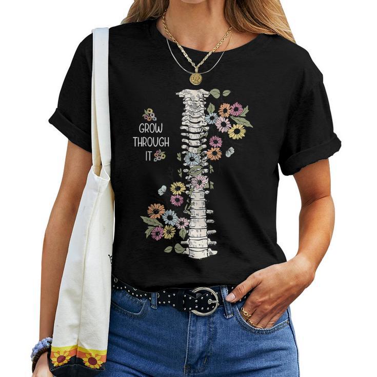 Mental Health Warrior Grow Through It Floral Spine Women Women T-shirt