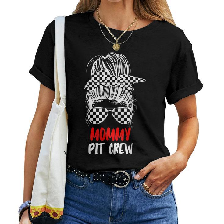 Mommy Pit Crew Messy Bun Race Track Flag Car Racing Womens Women T-shirt