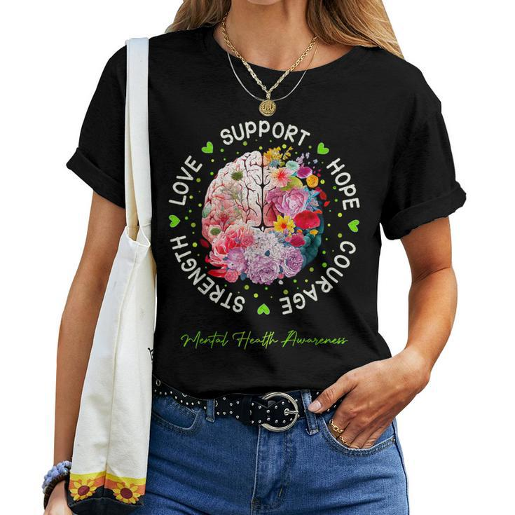 Motivational Support Floral Brain Mental Health Awareness Women T-shirt