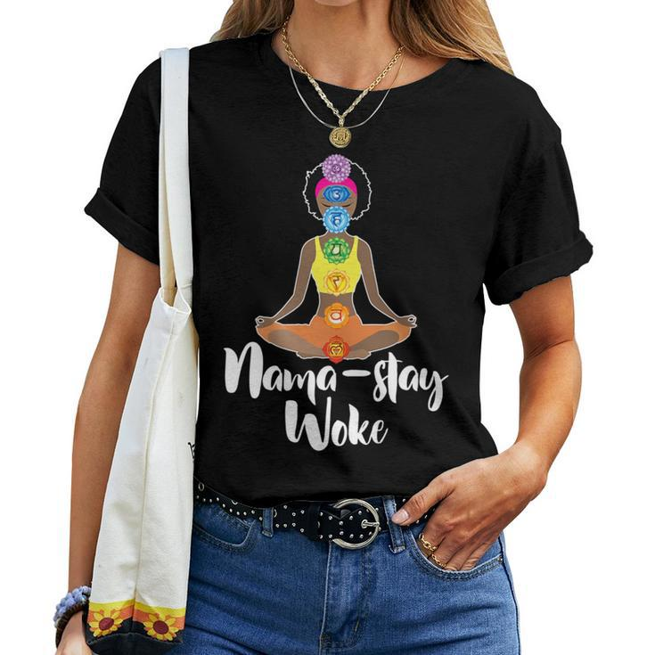 Nama Stay Woke Black Afro Girl Chakra Namaste Yoga Women T-shirt