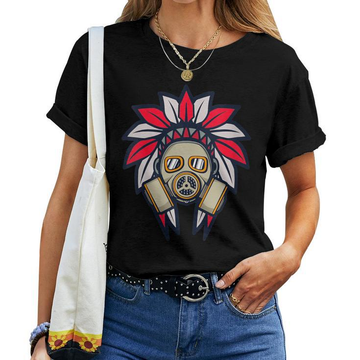 Native American Headdress Gas Mask Protest Camp Women T-shirt