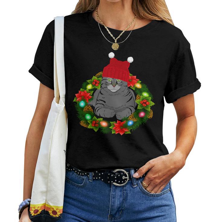 Nette Katze Mama Papa Urlaub Kranz Lichter Lustige Katze T-shirt Frauen