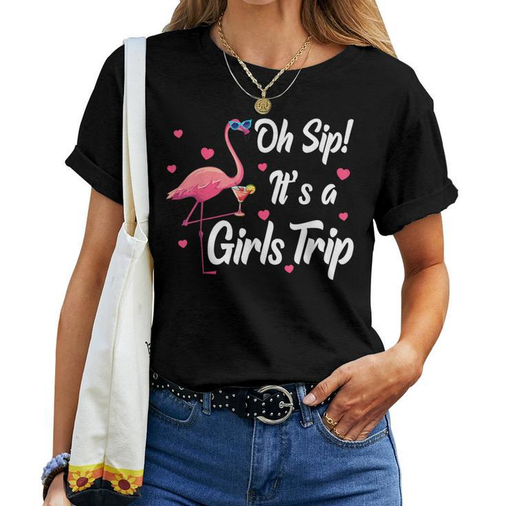 Oh Sip It's A Girls Trip Pink Flamingo Girl Wine Party Women T-shirt