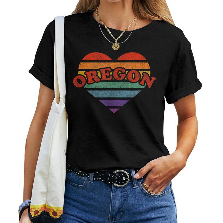 Oregon Retro Rainbow Heart 80S Whimsy Lgbtq Pride Stat Women T-shirt